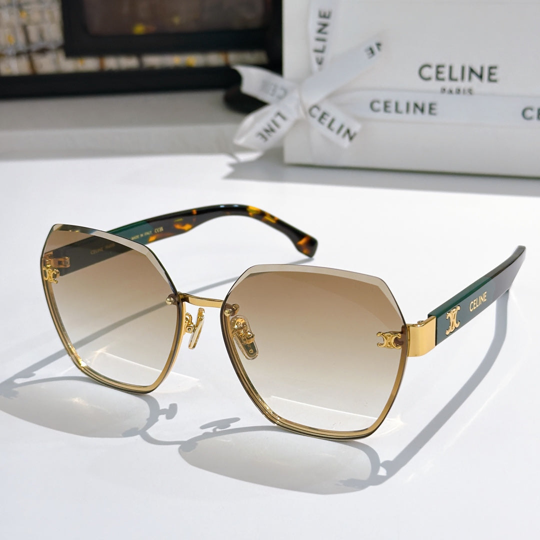 Celine sunglasses with tortoise frame and tan gradient lenses, gold-tone hinges