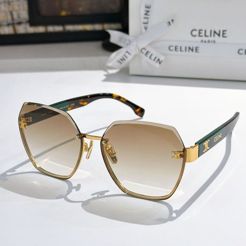 Celine sunglasses with tortoise frame and tan gradient lenses, gold-tone hinges
