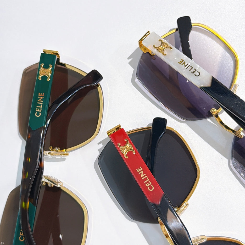 Celine sunglasses assortment with green, red, and brown lenses on gold frames