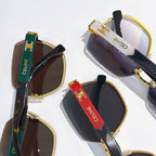 Celine sunglasses assortment with green, red, and brown lenses on gold frames
