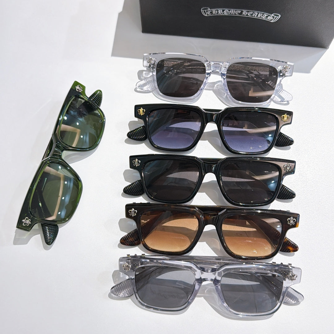 Multiple chrome-frame sunglasses in clear, black, brown, and green with tinted lenses