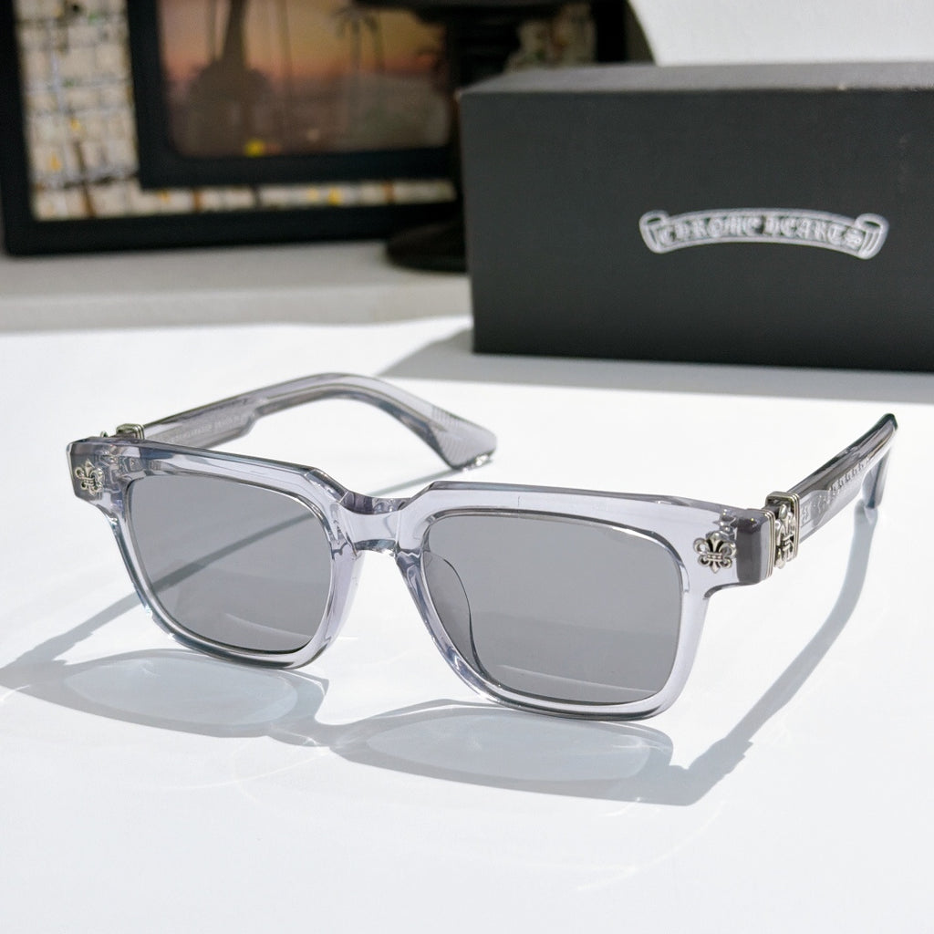 Clear-chrome sunglasses with gray-tinted lenses and silver-tone hardware