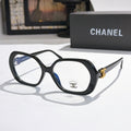 Chanel eyeglasses, black square frames with gold-tone temple logo and clear lenses