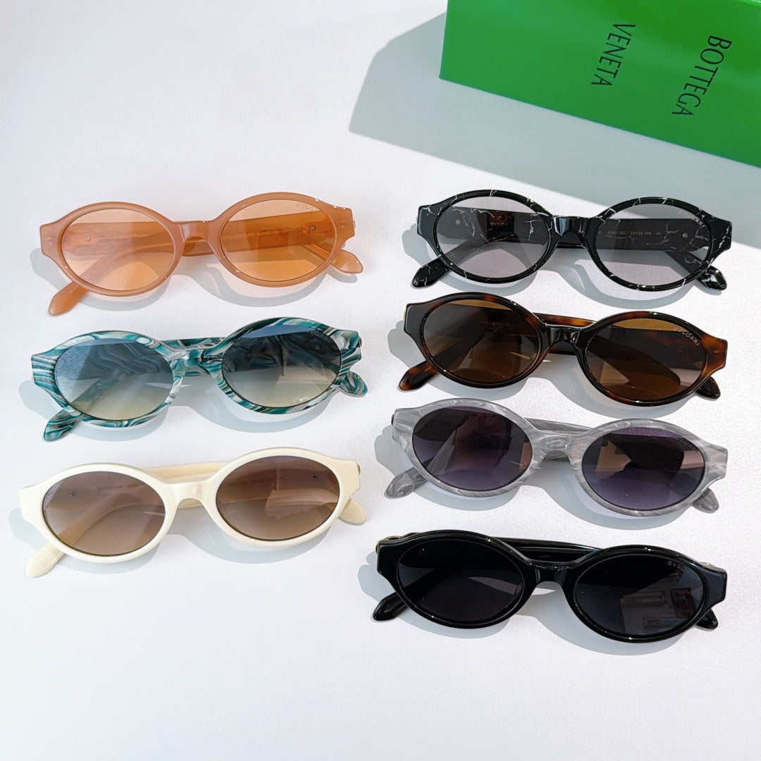 Bottega Veneta sunglasses set, orange, teal, ivory, brown, and black frames