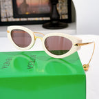 Bottega Veneta glasses with light cream frames and mauve tinted lenses, gold-tone hardware