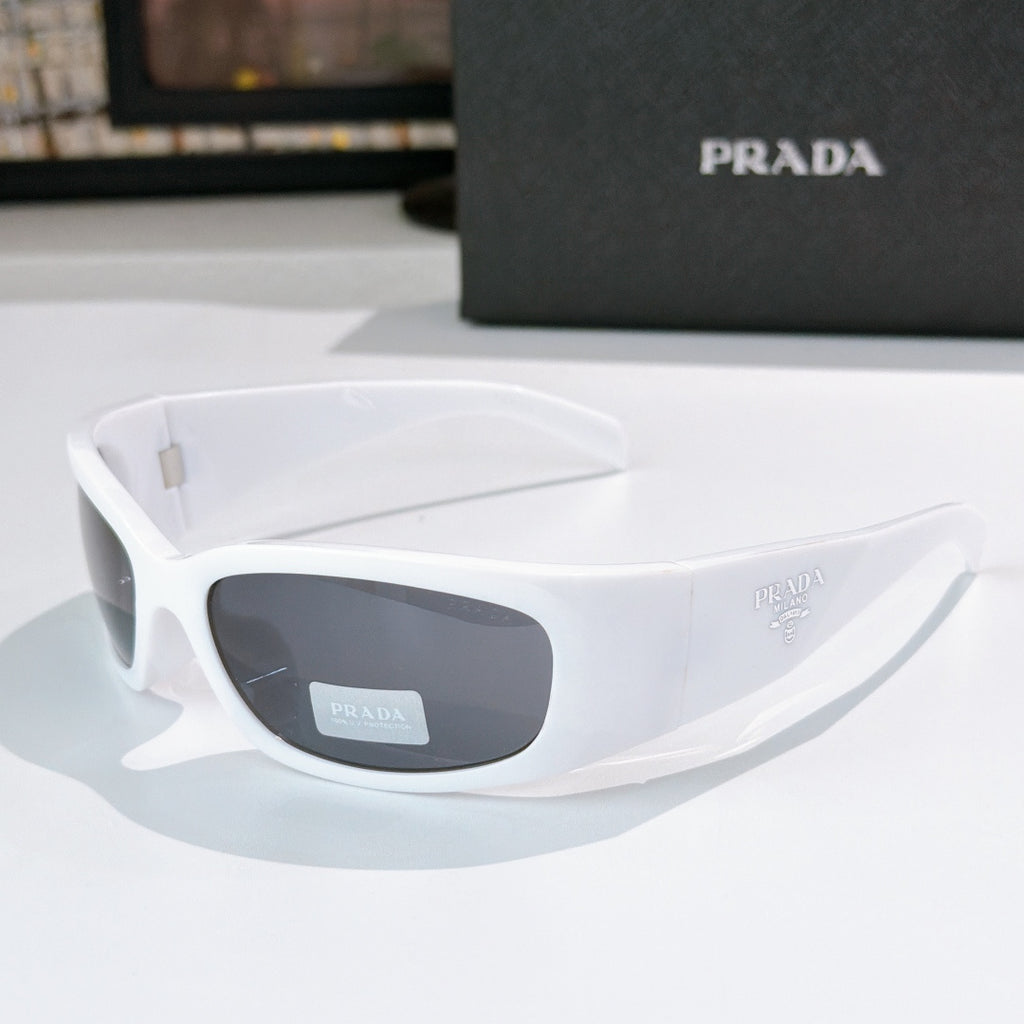 Prada white acetate glasses with dark lenses and metal logo arms