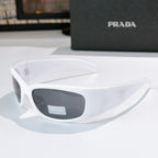 Prada white acetate glasses with dark lenses and metal logo arms