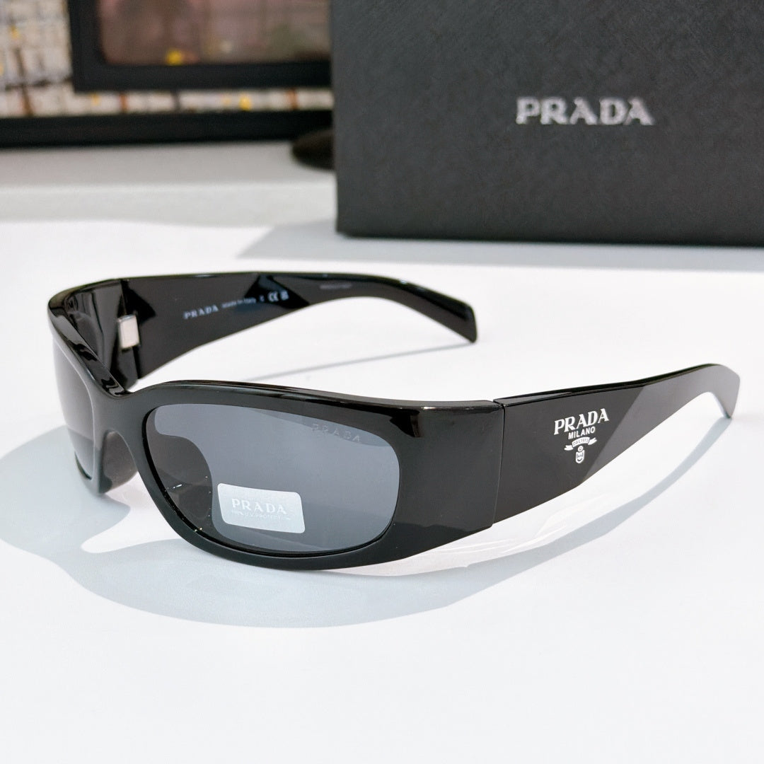 Prada black acetate glasses with dark gray lenses and logo emblem arms