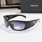 Prada black acetate glasses with purple-tinted lenses and logo side detail