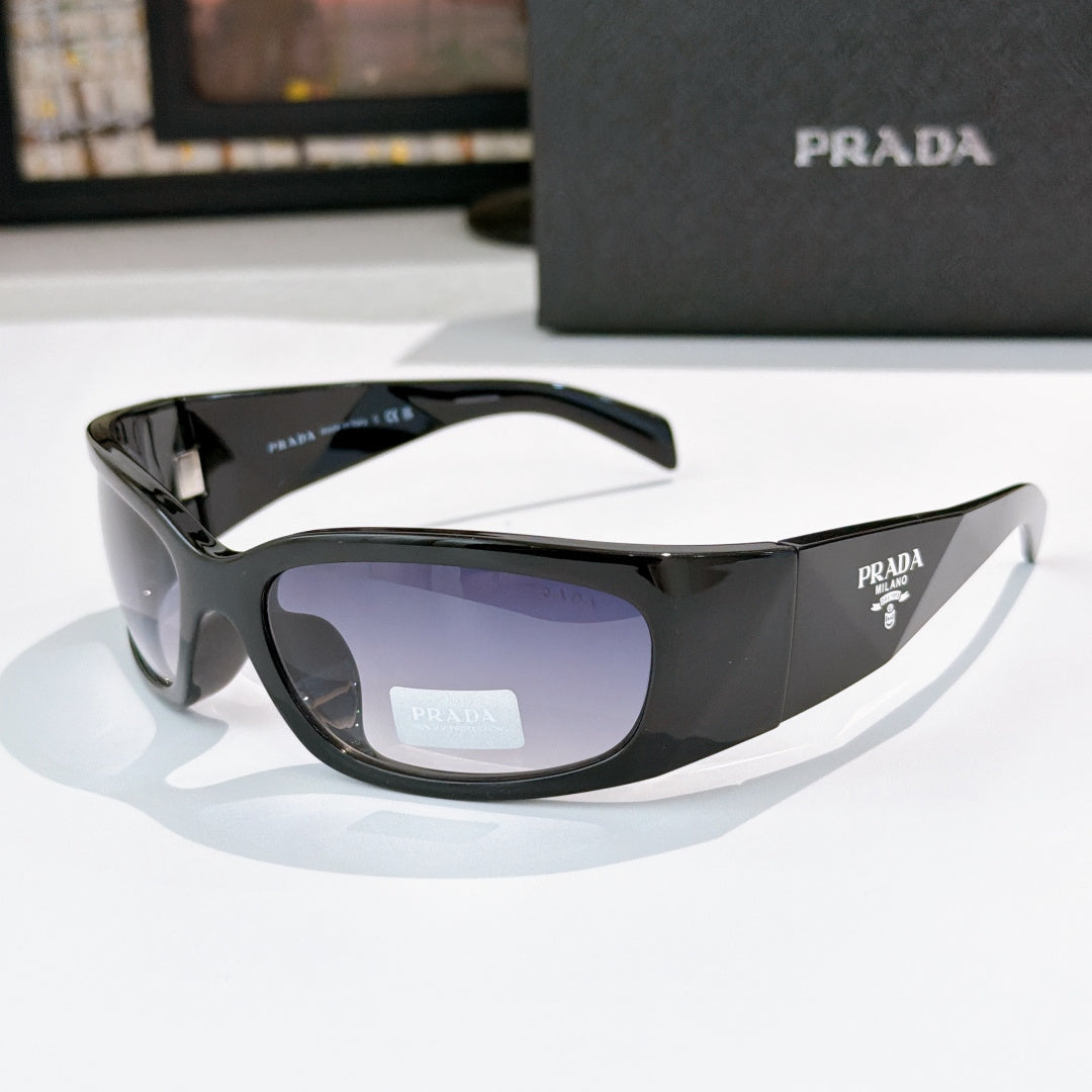 Prada black acetate glasses with purple-tinted lenses and logo side detail