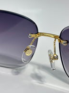 Close-up of gold sunglasses frame with dark lenses and metal hinge detail