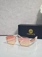 Versace sunglasses with rose-gold frame and pink lenses, Greek-key temple accents