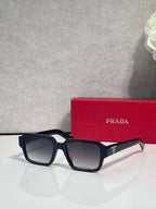 Black square sunglasses with dark lenses and white side arms