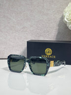 Versace square sunglasses with teal gradient frame and green tinted lenses, gold logo