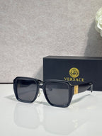 Versace square sunglasses with black frame and dark lenses, gold hinge logo