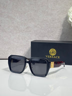 Versace square sunglasses with dark frame and smoky lenses, gold logo detail