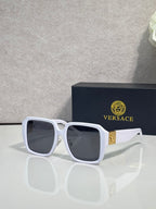 Versace square sunglasses with white frame and dark lenses, gold logo on hinge