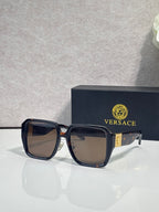 Versace square sunglasses with black frame and brown gradient lenses, gold logo