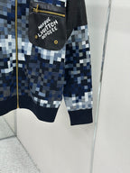 Zip-up jacket lower front and pockets in blue/white check knit, navy cuffs