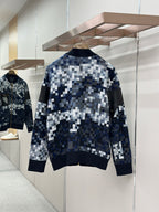 Zip-up jacket back view with blue/white check knit pattern and stand collar
