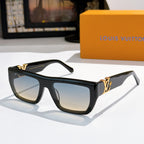 Sunglasses with black frames and light gray lenses, gold LV logo on temple.