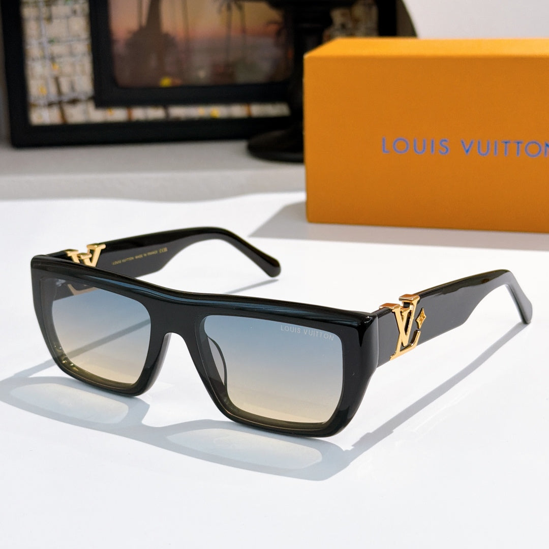 Sunglasses with black frames and light gray lenses, gold LV logo on temple.
