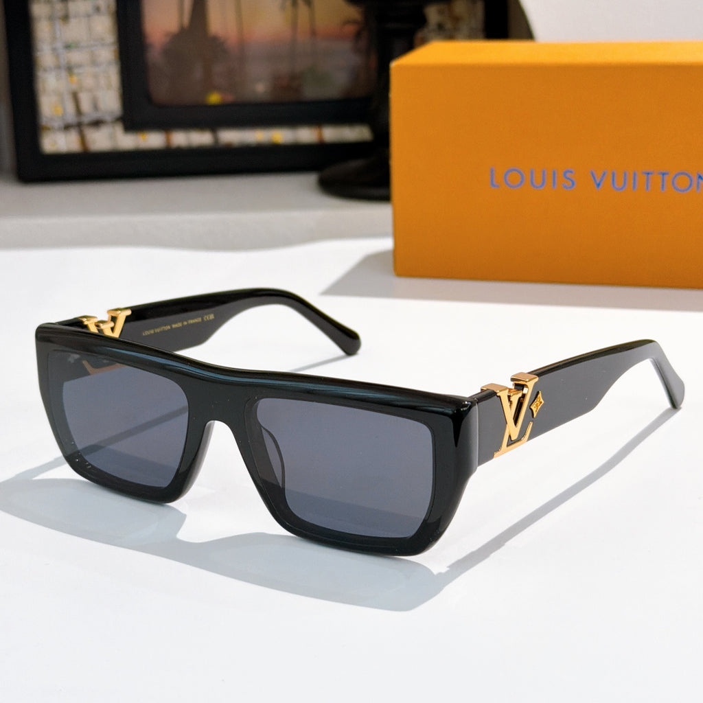 Sunglasses with black frames and dark blue lenses, gold LV logo on temples.