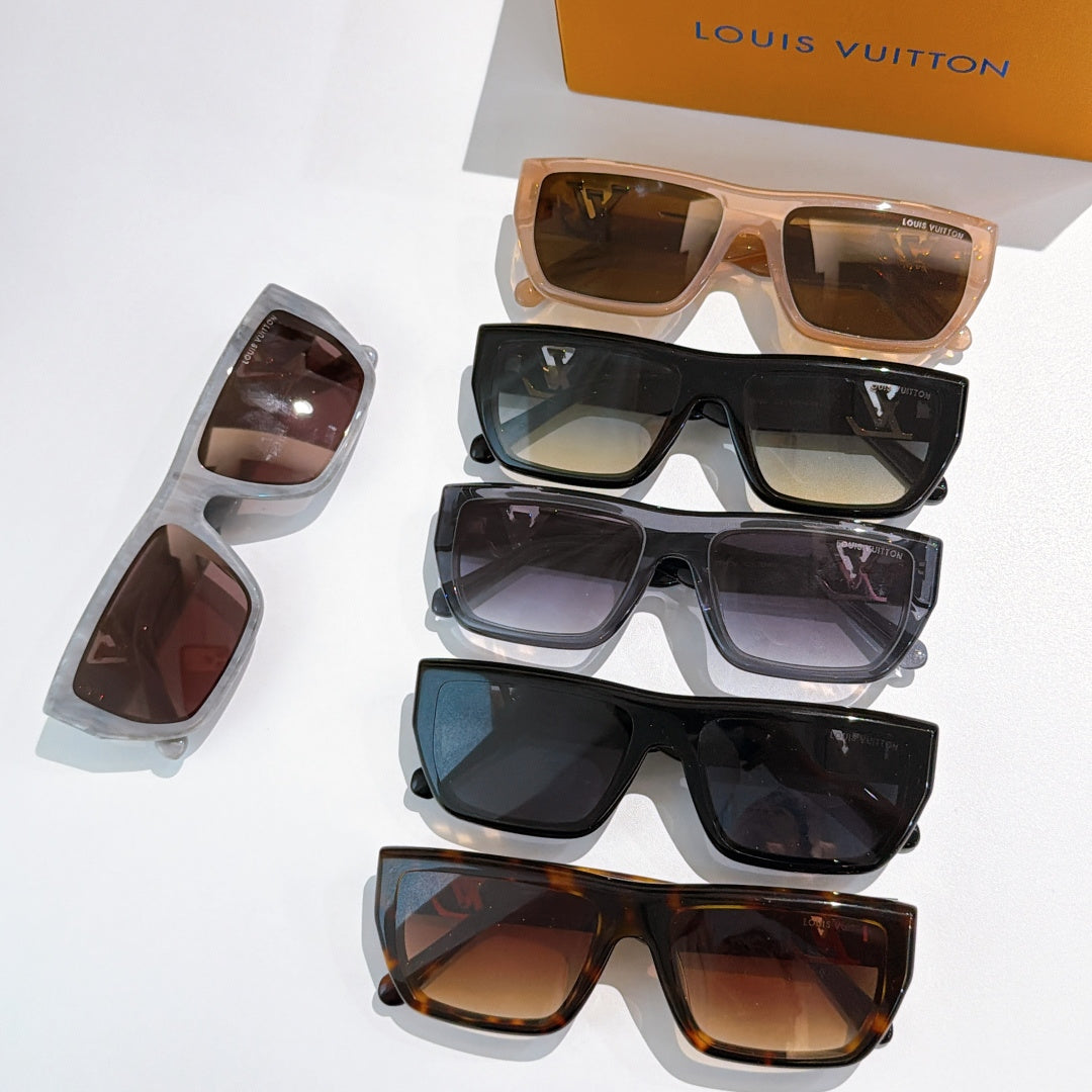 Sunglasses lineup of five pairs: beige, black, dark gray, blue, and tortoiseshell.