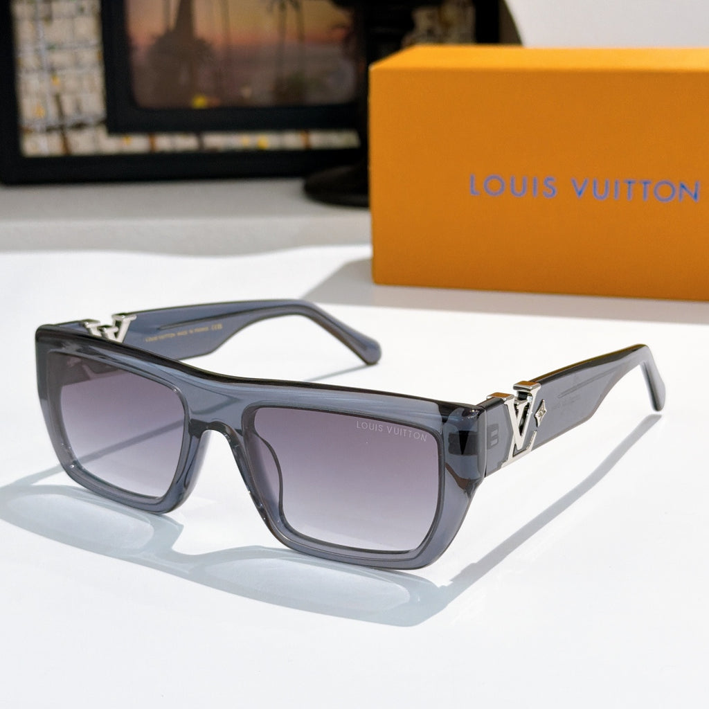 Sunglasses with dark gray frames and gray lenses, gold LV logo on temples.