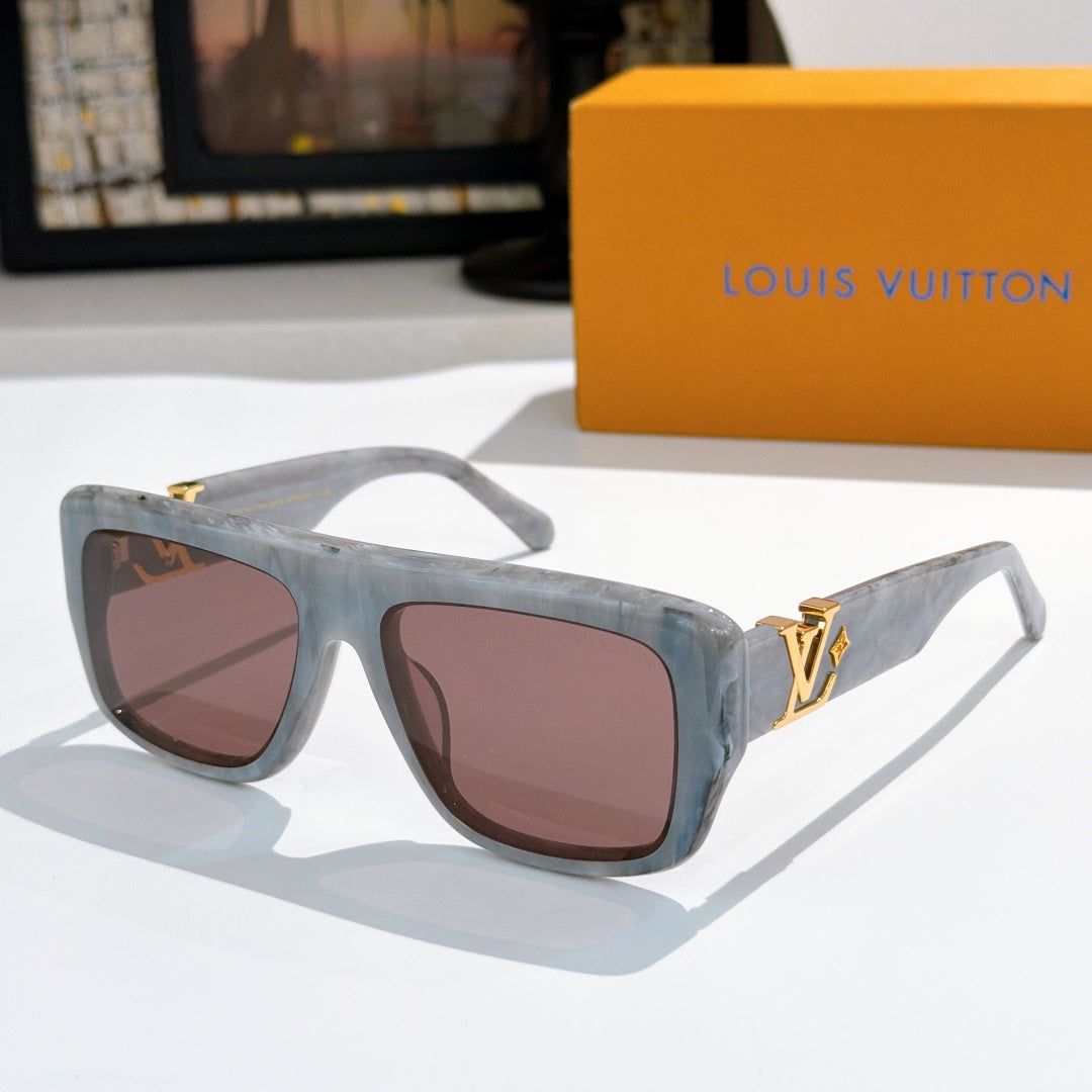Louis Vuitton glasses with translucent gray frames and brown tinted lenses