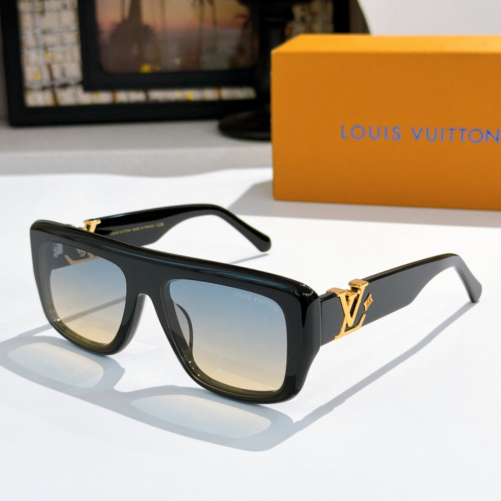 Louis Vuitton glasses with black frames and light brown tinted lenses