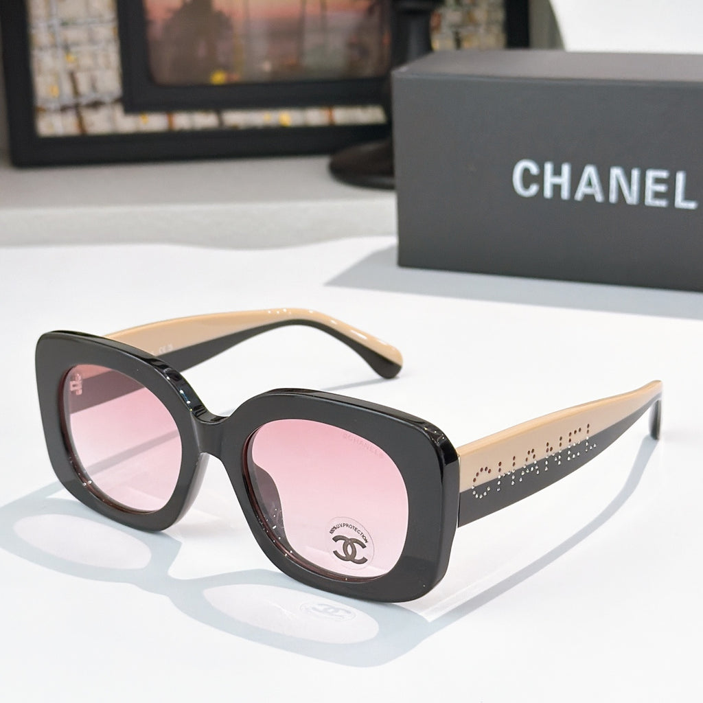 Chanel sunglasses with black frame and pink tinted lenses, beige-tan arms with dot trim