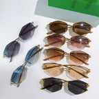 Assorted sunglasses in dark, blue, and brown tones with metal frames