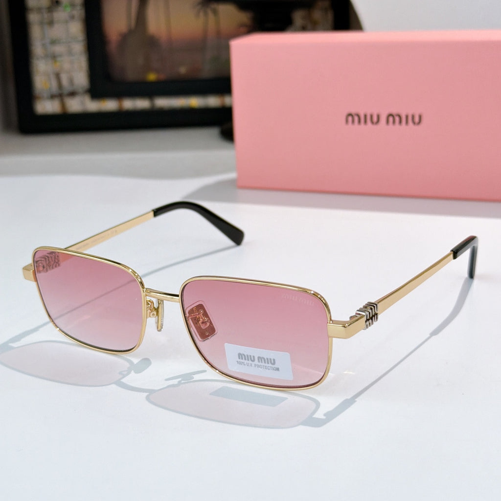MiuMiu glasses with gold-tone frame and pink tinted lenses, black temple tips