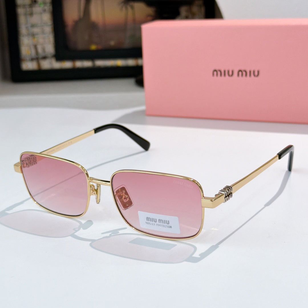 MiuMiu glasses with gold-tone frame and pink tinted lenses, black temple tips
