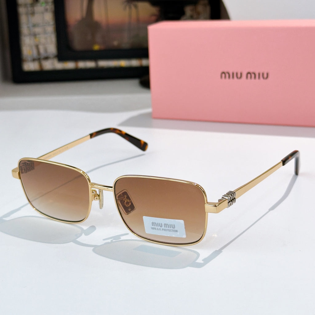 MiuMiu glasses with gold-tone frame and brown tinted lenses, tortoise details