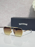 Sunglasses with gold-tone frame and amber tinted lenses, rectangular square shape