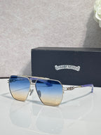 Sunglasses with gold-tone frame and gradient blue lenses, rectangular square shape
