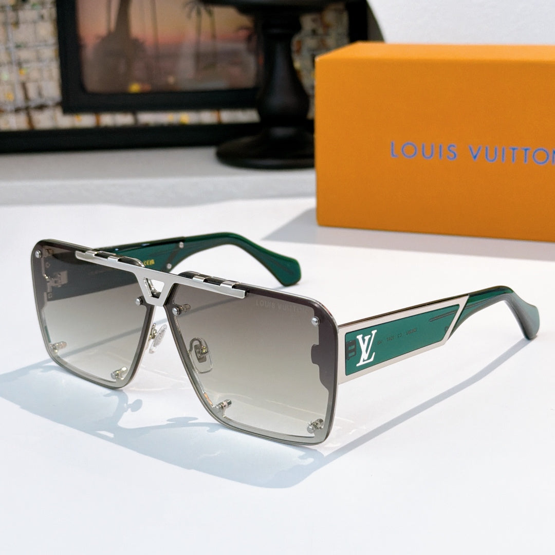 Silver-tone sunglasses with green temple accents and light gray tinted lenses