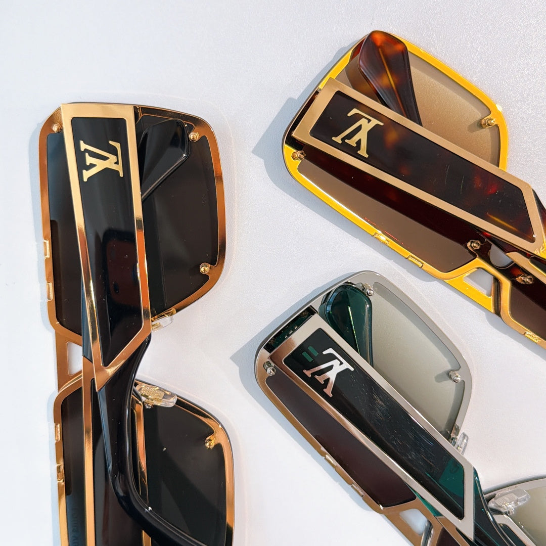 Assorted sunglasses with gold-tone frames and LV-style logo panels