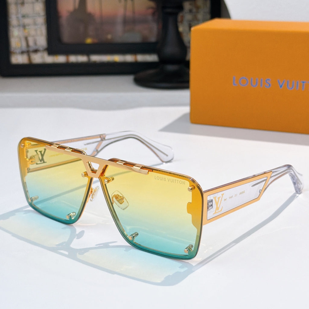 Gold-tone sunglasses with teal gradient lenses and angular side logo