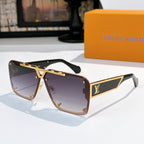 Gold-tone sunglasses with dark purple gradient lenses and angular logo detail