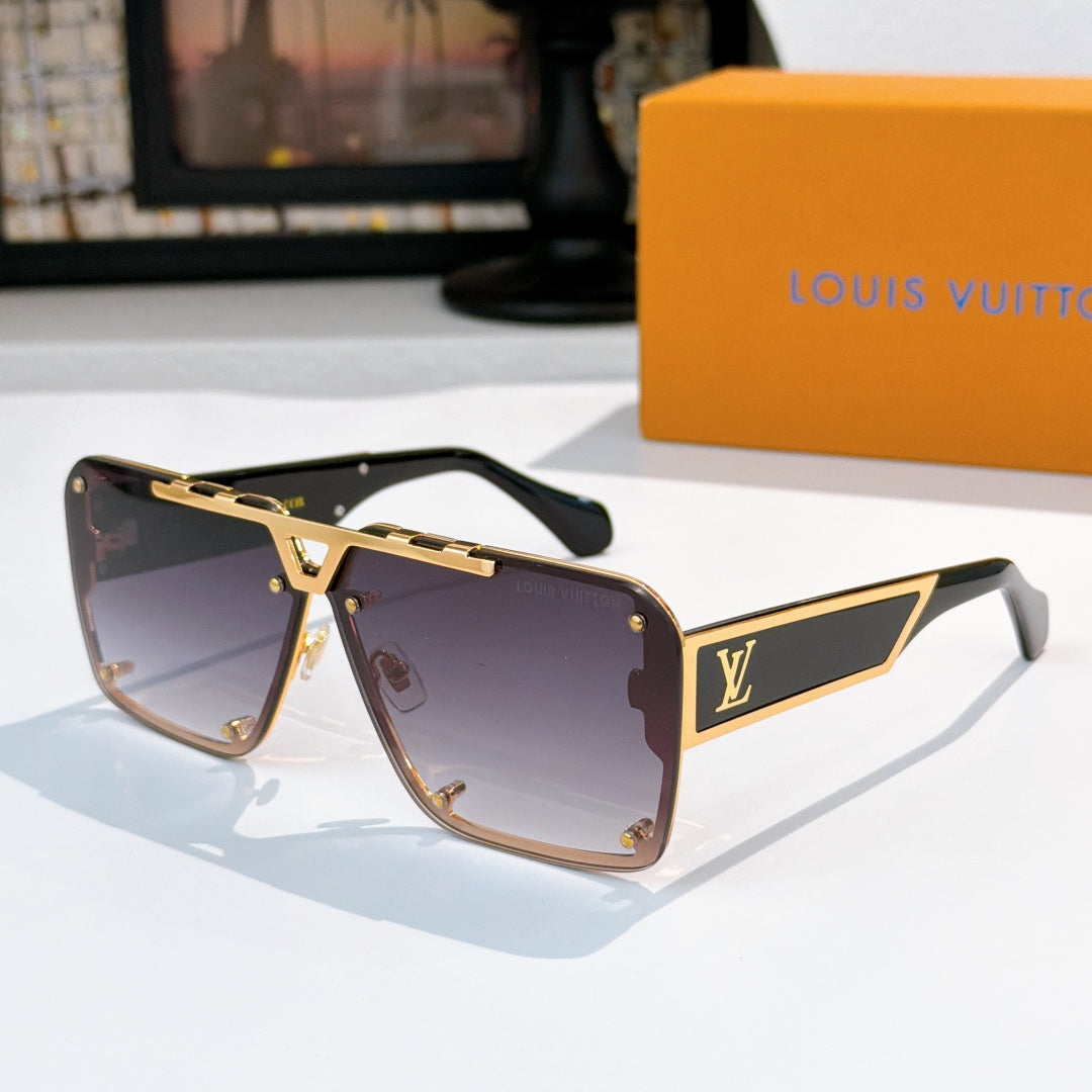Gold-tone sunglasses with dark purple gradient lenses and angular logo detail