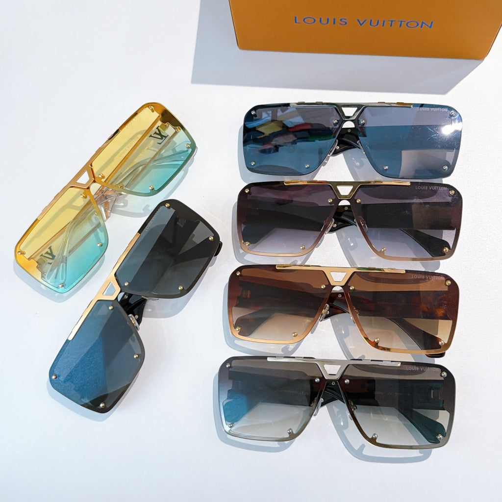 Set of designer sunglasses with multiple colored lenses and metal frames