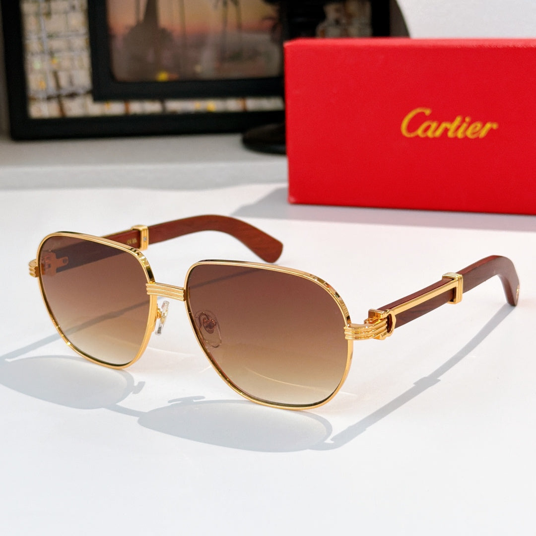 Gold-tone square sunglasses with brown lenses and brown temple arms.