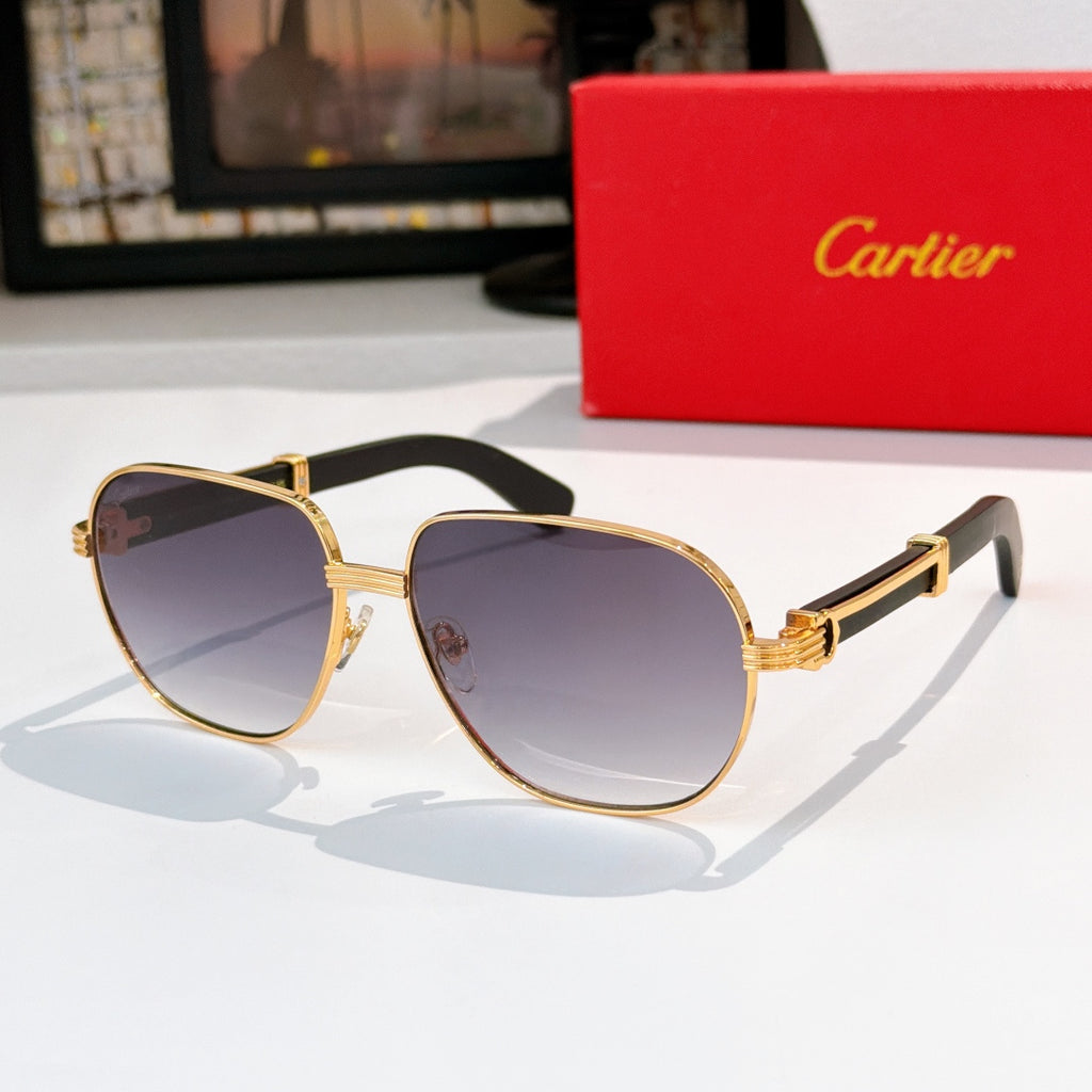 Gold-tone square sunglasses with dark lenses and black temple arms.