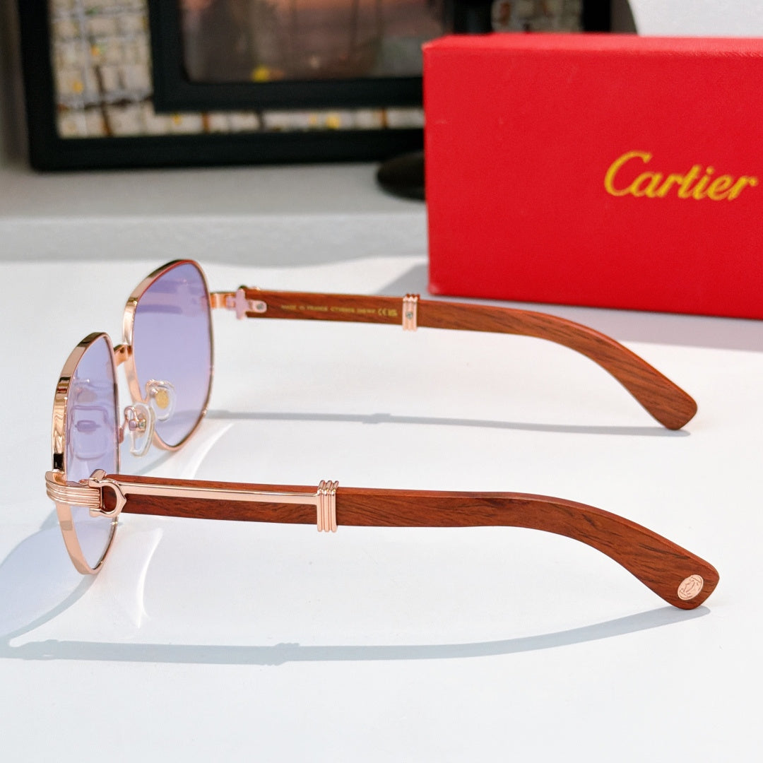 Side view square sunglasses with brown wood-look temples and purple-tinted lenses.