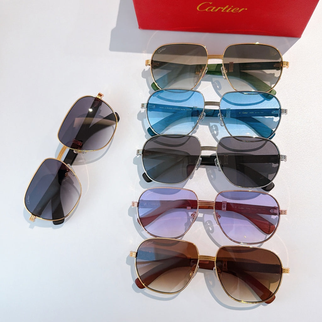 Set of square sunglasses with mixed frames and tinted lenses, with red brand case.