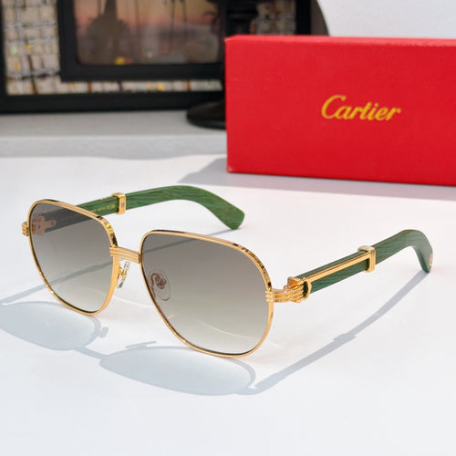 Gold-tone square sunglasses with gray lenses and green temple tips.