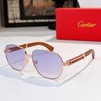 Rose-gold square sunglasses with light blue lenses and brown temple arms.